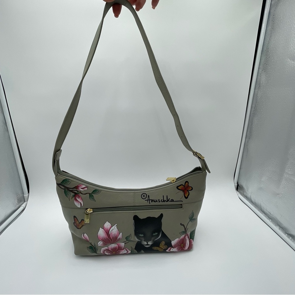 Anuschka Garden Panther Hand-Painted Leather Hobo Purse Dual Zip New - Picture 8 of 13